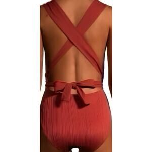 Time & Tru Women’s Burnt Orange Ribbed Multi-way Wrap One Piece Swimsuit, M